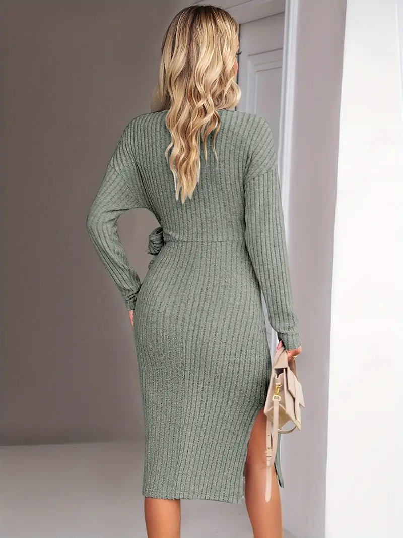 Winter Dress Winter V - neck Long Sleeve Knitted Tied - Gorgeous Feather