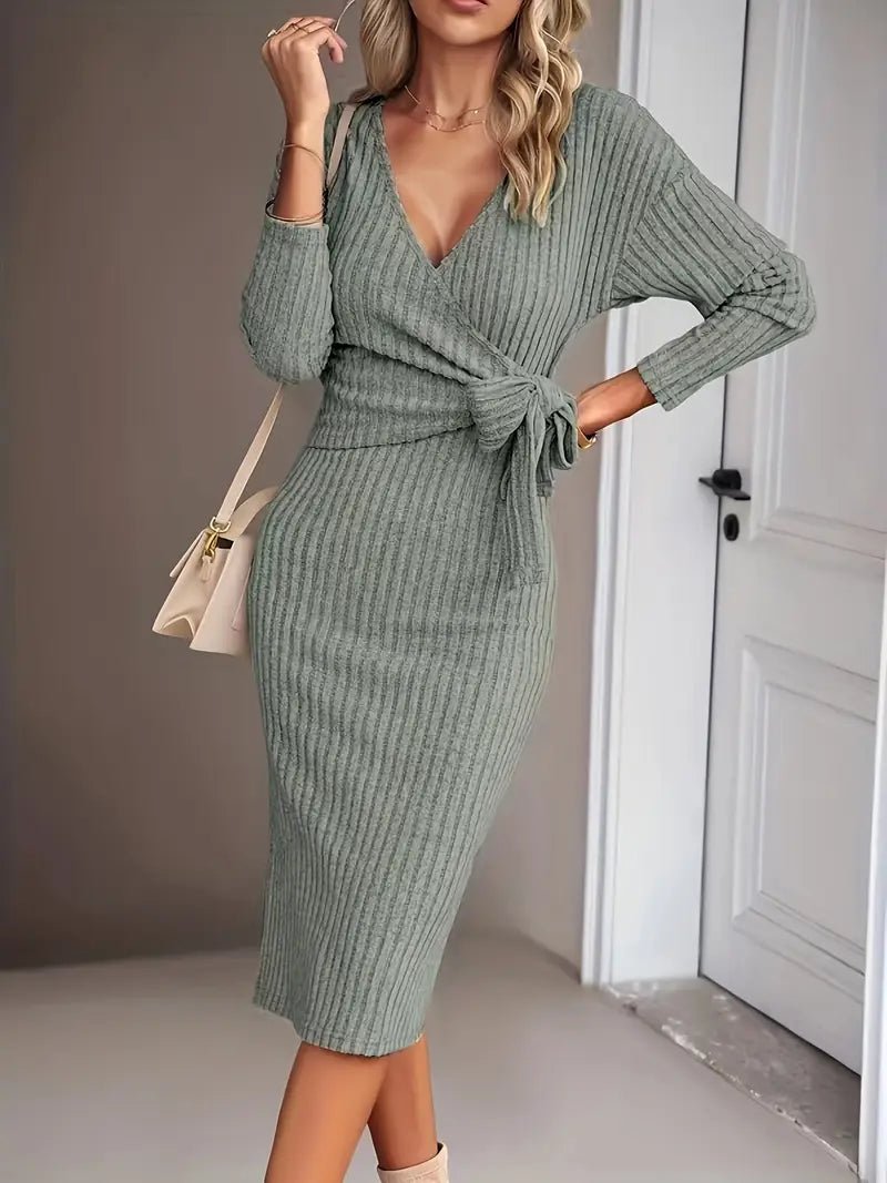 Winter Dress Winter V - neck Long Sleeve Knitted Tied - Gorgeous Feather