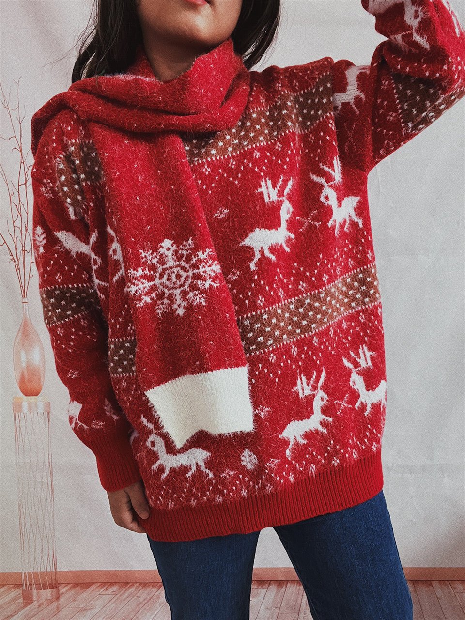 Winter Tops Snowflake Funny Christmas Sweater with Scarf - Gorgeous Feather