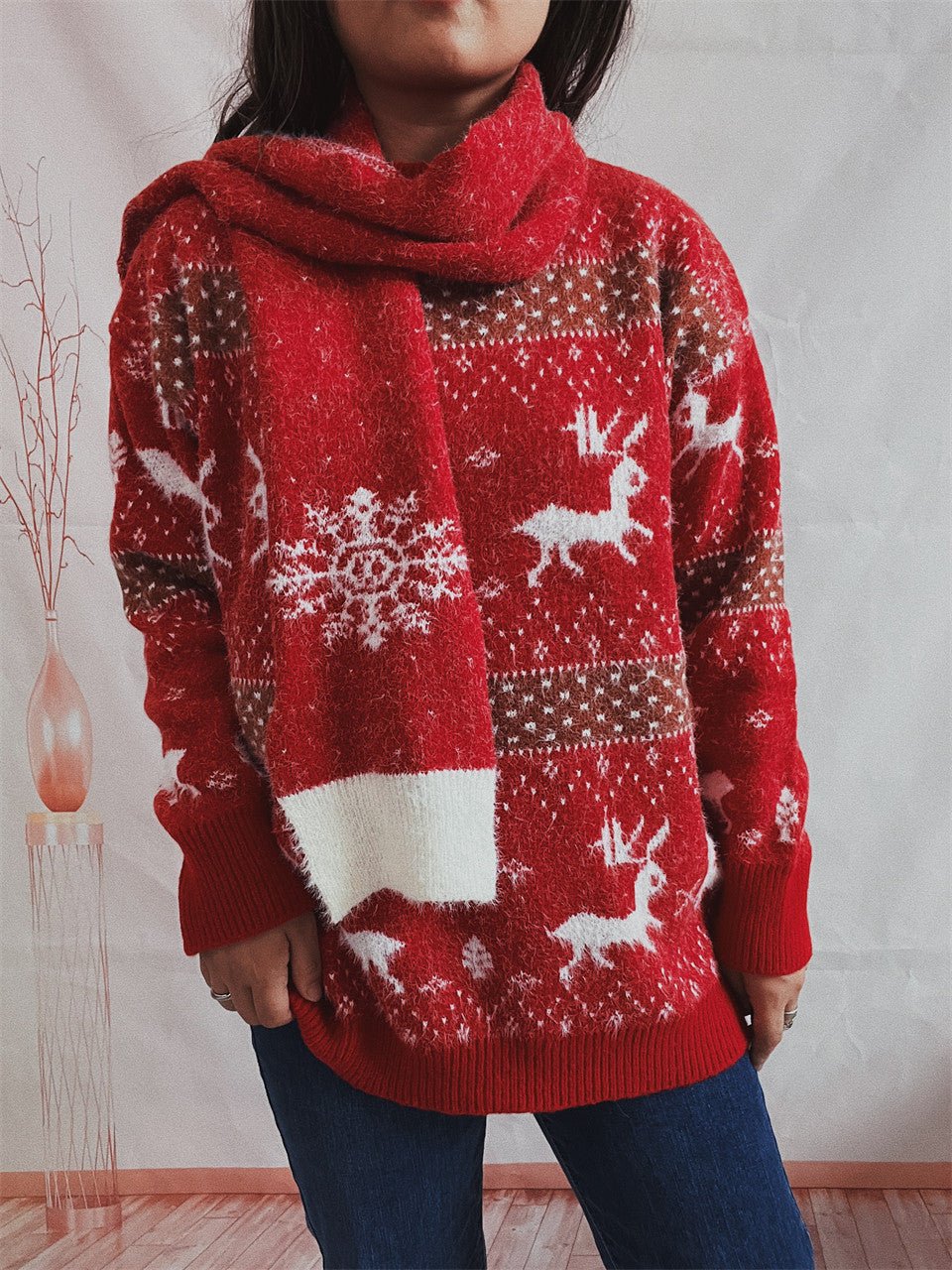 Winter Tops Snowflake Funny Christmas Sweater with Scarf - Gorgeous Feather