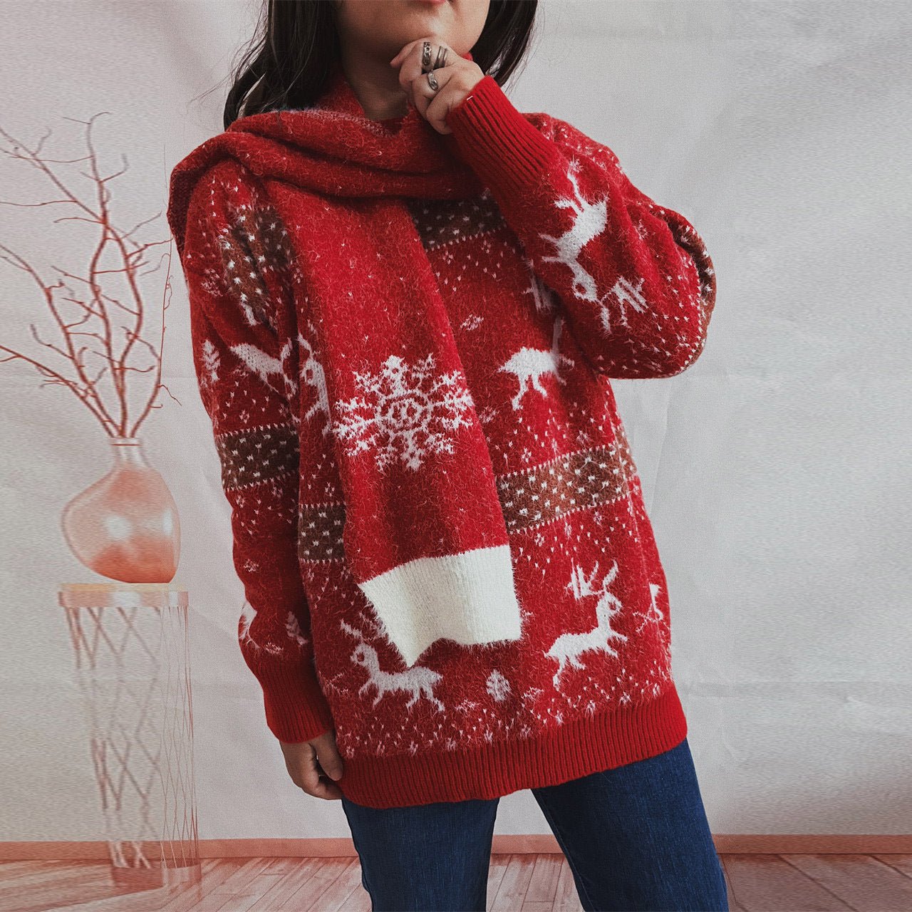 Winter Tops Snowflake Funny Christmas Sweater with Scarf - Gorgeous Feather