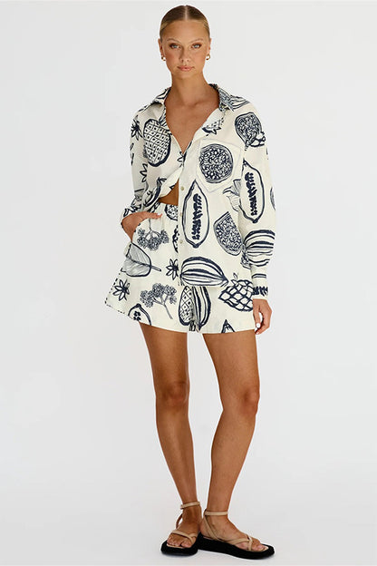 Casual Premium Fruit Printed Shorts Cardigan White