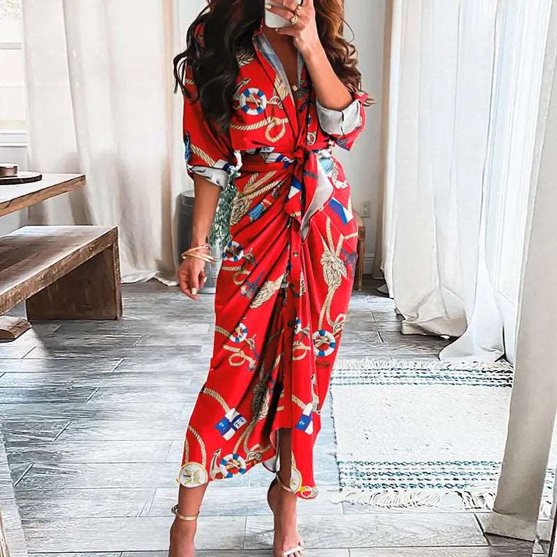 Long-Sleeved Lace-Up Casual Maxi Dress