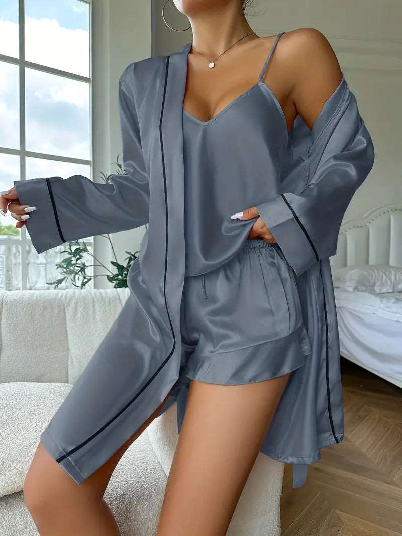 Silky Satin Sling Shorts Nightgown Three-piece Set 