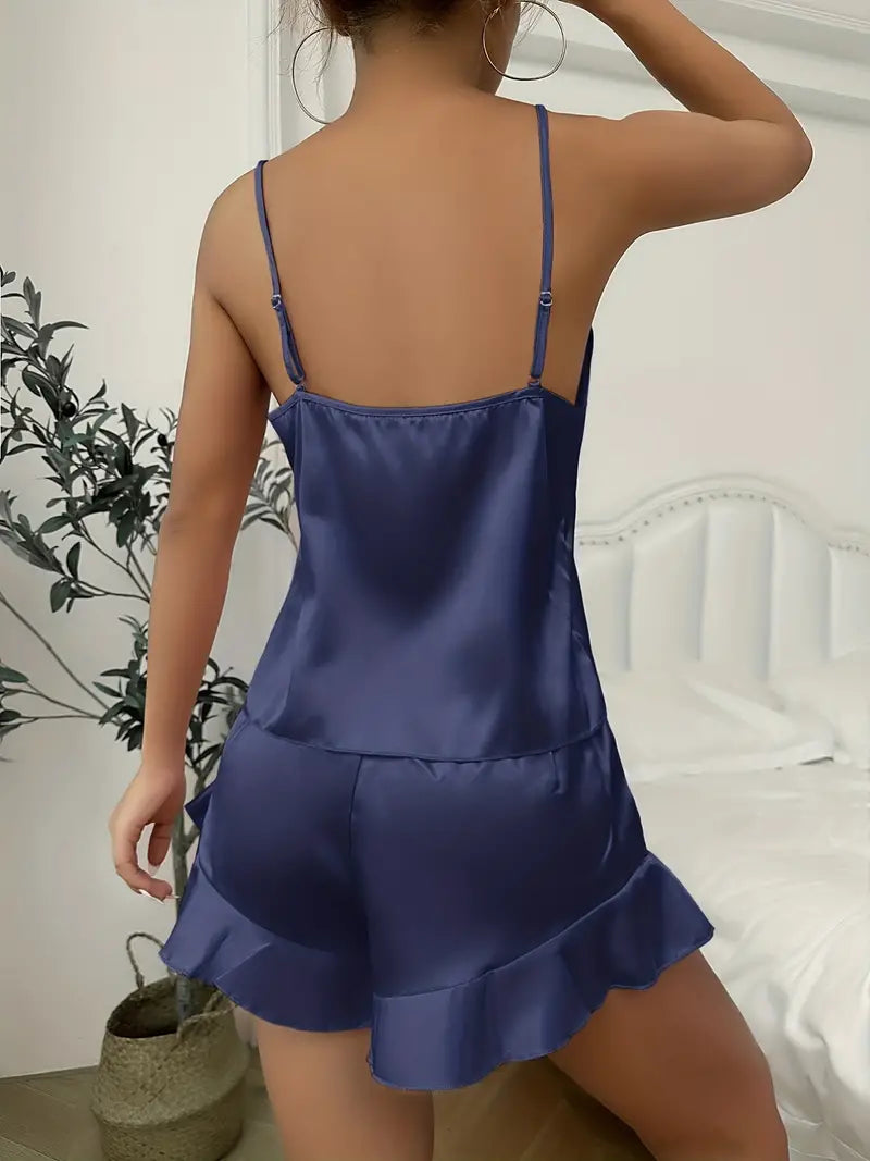 Silky Satin Sling Shorts Nightgown Three-piece Set 