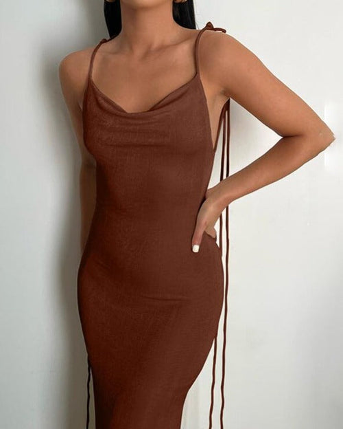 Robe longue | Robe Moulante Dos Nu Marron Foncé 