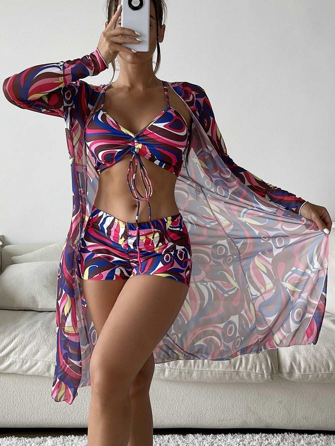 Swimsuit | Bikini Three Piece with Cardigan - GORGEOUS FEATHER