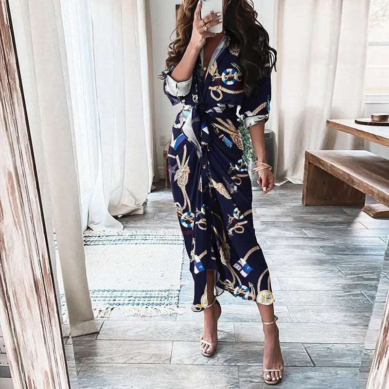 Long-Sleeved Lace-Up Casual Maxi Dress