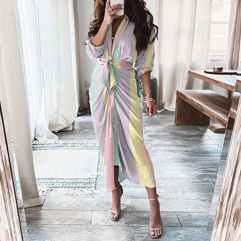 Long-Sleeved Lace-Up Casual Maxi Dress