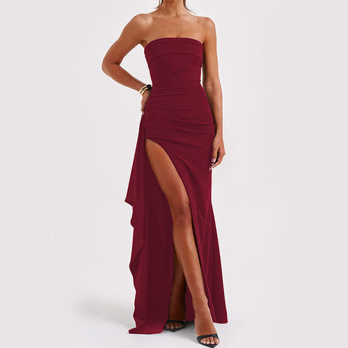 Maxi Dress | Strapless Split Mermaid Dress Wine Red