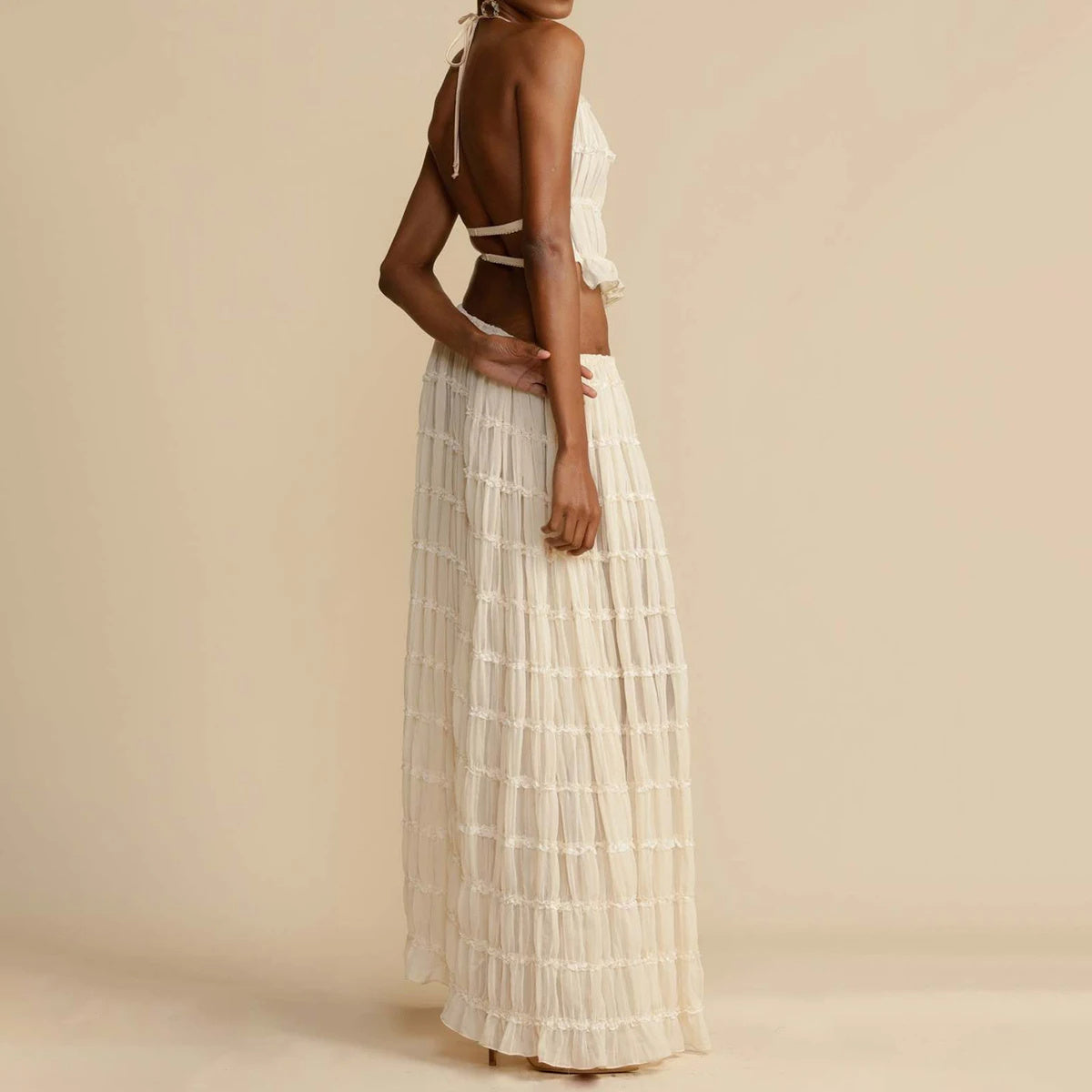 Maxi Dress | Halter Top Pleated Long Dress