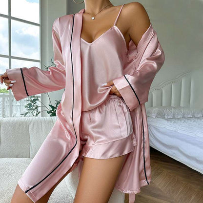 Silky Satin Sling Shorts Nightgown Three-piece Set