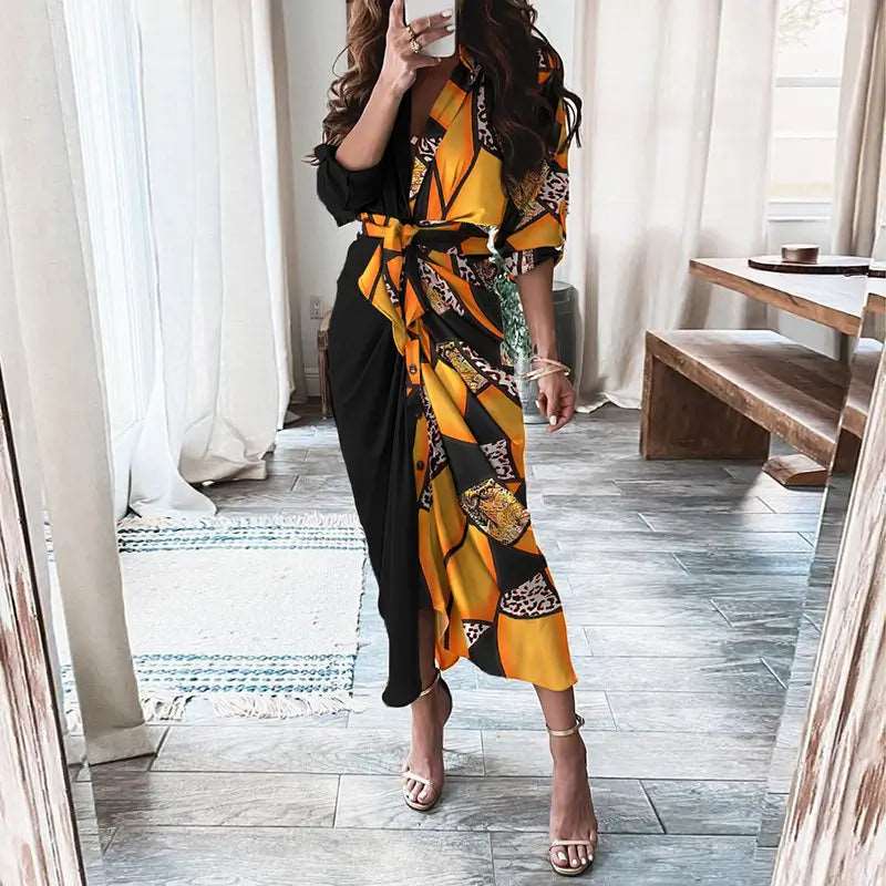 Long-Sleeved Lace-Up Casual Maxi Dress