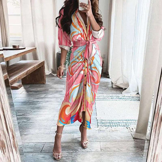 Long-Sleeved Lace-Up Casual Maxi Dress