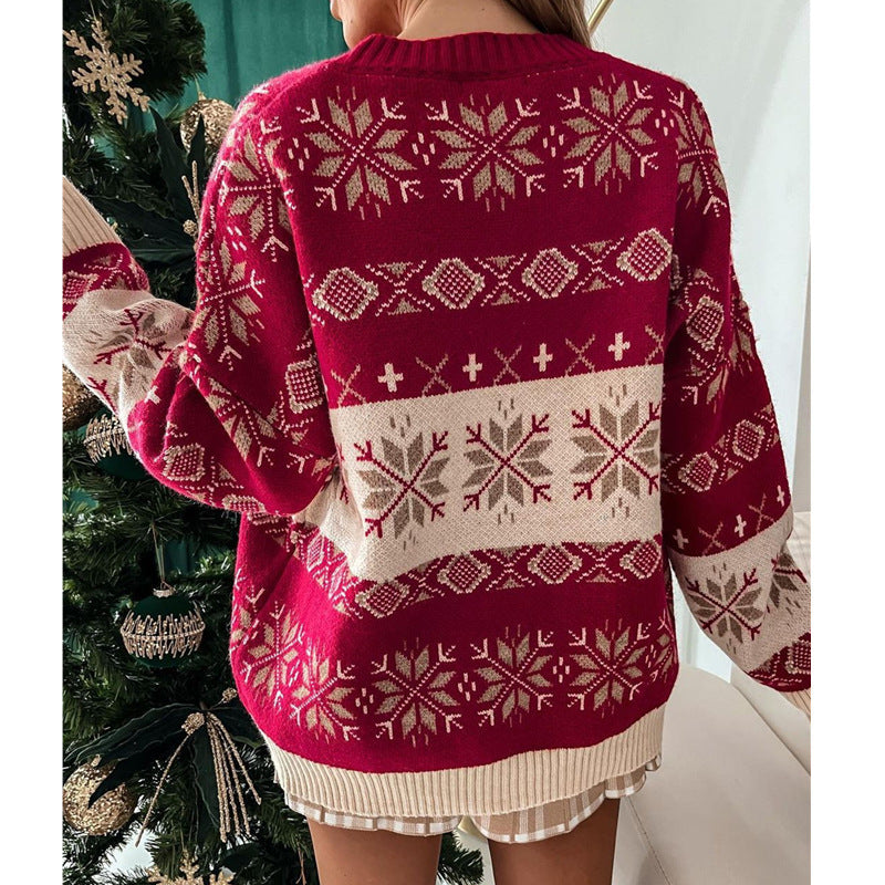 Jacquard Loose Round Neck Long Sleeve Ladies Sweater - Gorgeous Feather