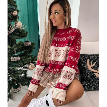 Jacquard Loose Round Neck Long Sleeve Ladies Sweater - Gorgeous Feather