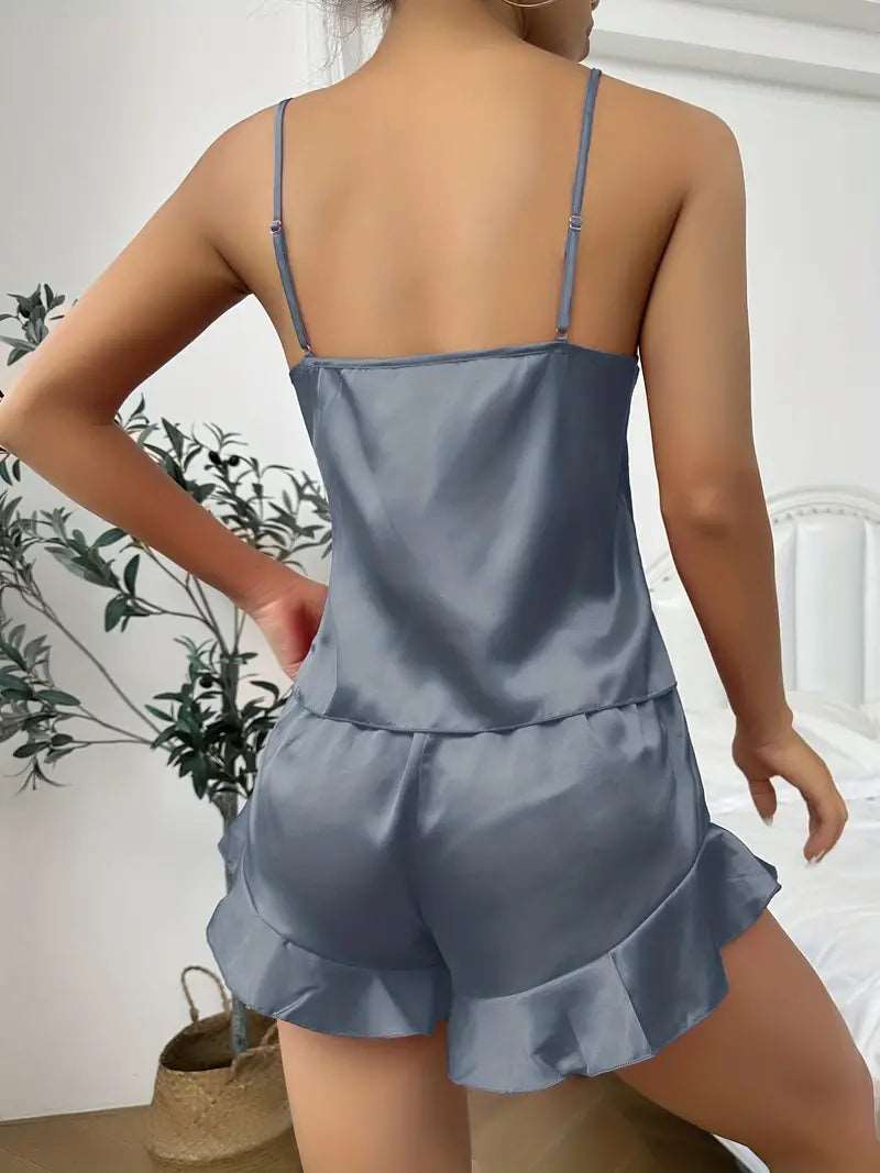 Silky Satin Sling Shorts Nightgown Three-piece Set 