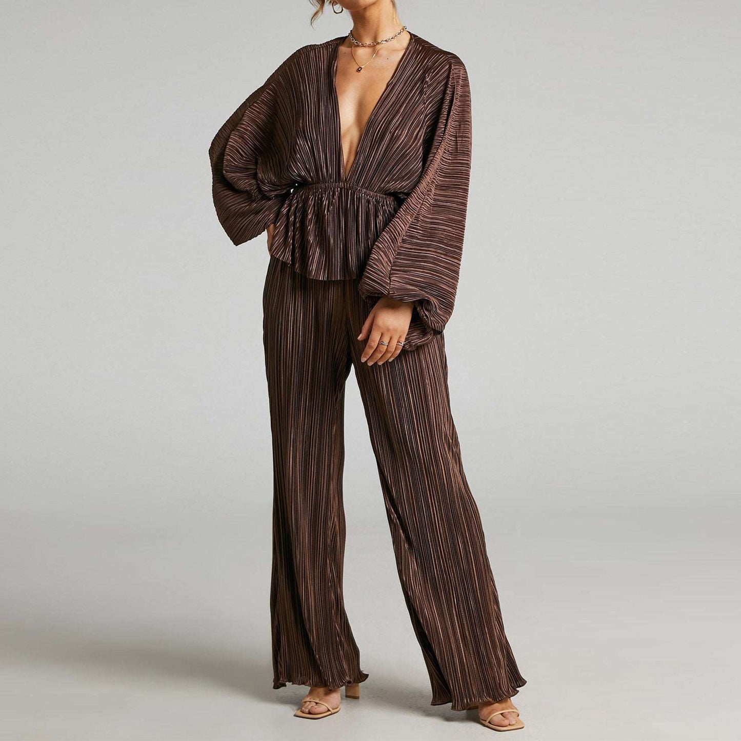 Wide Leg Pants | Deep V-neck Two-piece Suit - GORGEOUS FEATHER