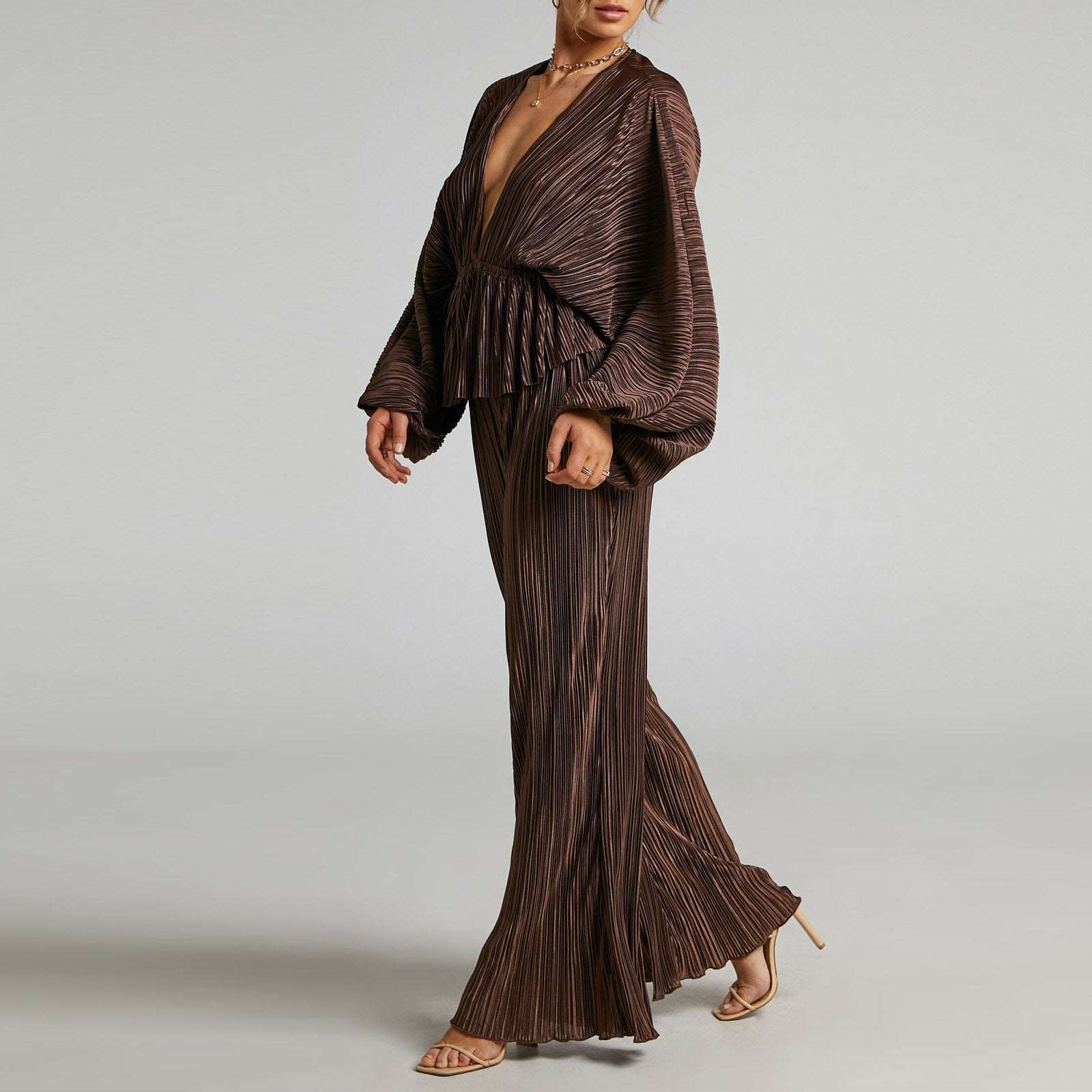 Wide Leg Pants | Deep V-neck Two-piece Suit - GORGEOUS FEATHER