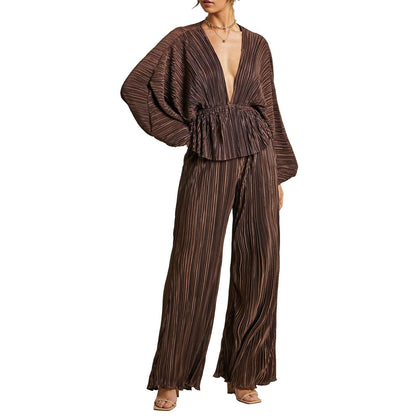 Wide Leg Pants | Deep V-neck Two-piece Suit - GORGEOUS FEATHER