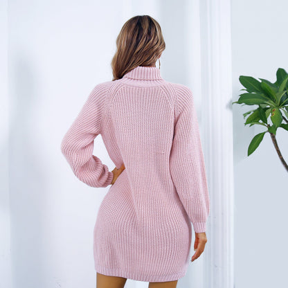 Winter Turtleneck Long Sweater Dress With Button Design Leisure Clinch Long Sleeve Base Sweater Women - Gorgeous Feather