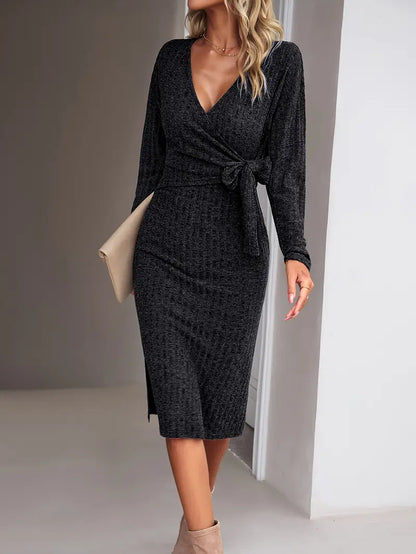 Winter_Dress_Winter_V-neck_Long_Sleeve_Knitted_Tied-Gorgeous _Feather_