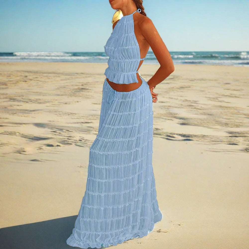 Maxi Dress | Halter Top Pleated Long Dress