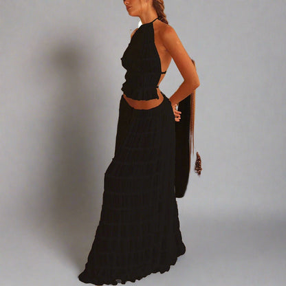 Maxi Dress | Halter Top Pleated Long Dress