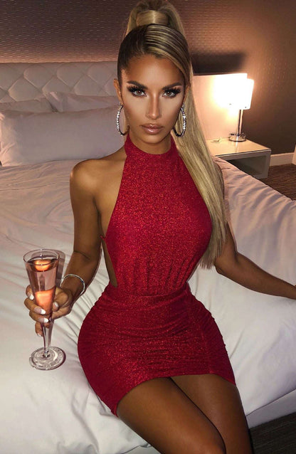 Bodycon Dress Backless Halter Mini Dress Wine Red - Gorgeous Feather