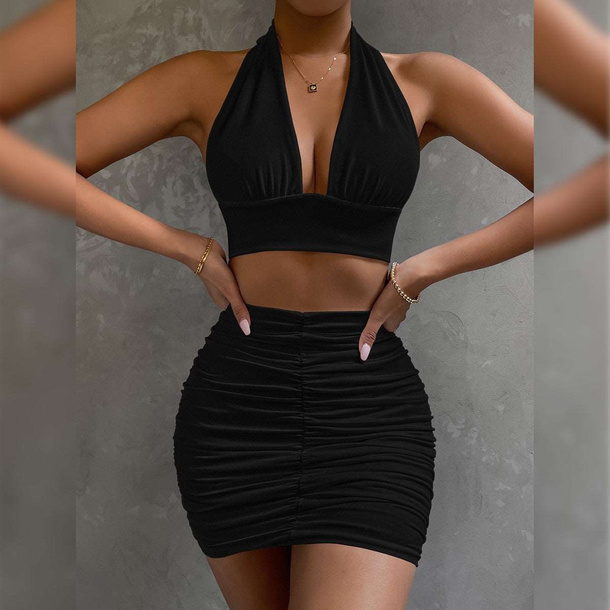 Bodycon Dress | Halter Top Pleated Mini Dress - Gorgeous Feather