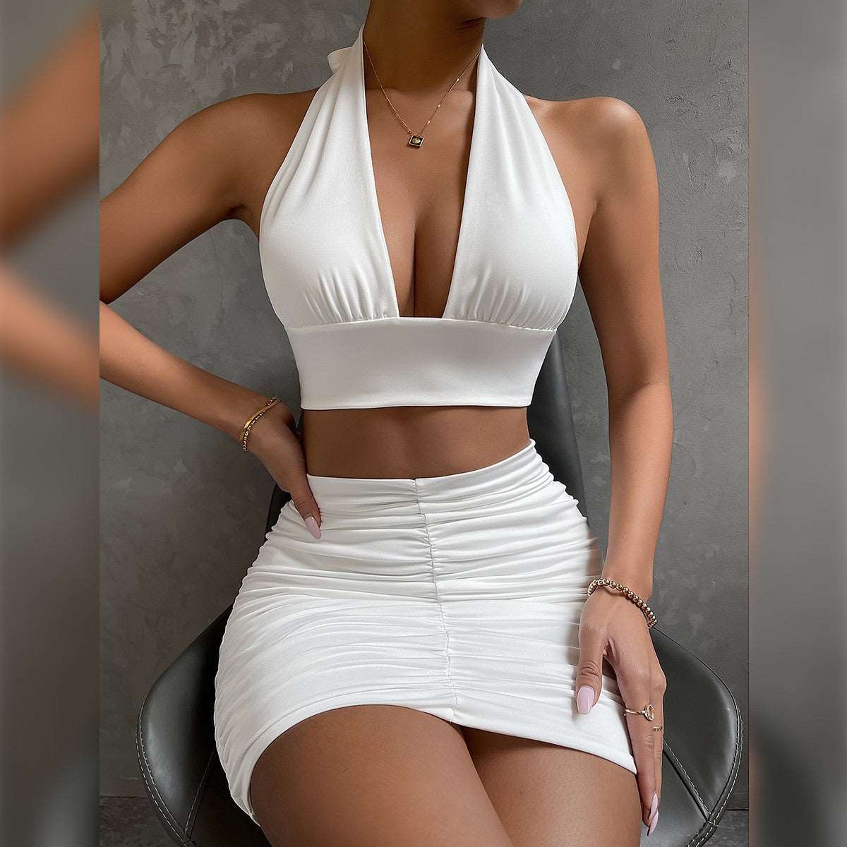 Bodycon Dress | Halter Top Pleated Mini Dress - Gorgeous Feather