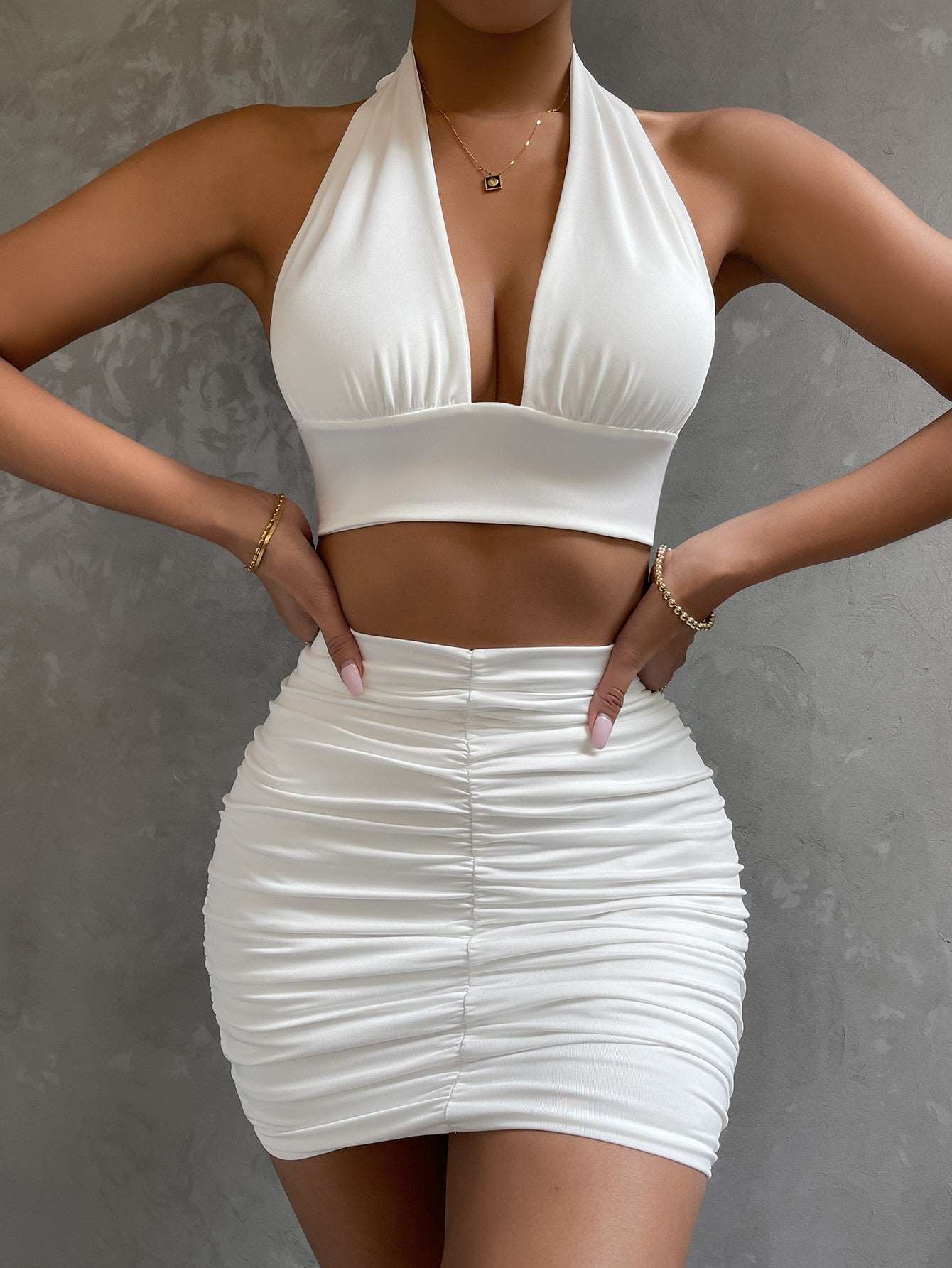 Bodycon Dress | Halter Top Pleated Mini Dress - Gorgeous Feather