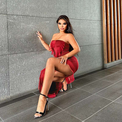Bodycon Dress Tube Top Backless Split Tassel - Gorgeous Feather