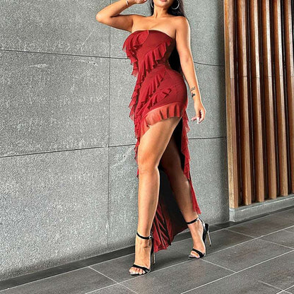 Bodycon Dress Tube Top Backless Split Tassel - Gorgeous Feather