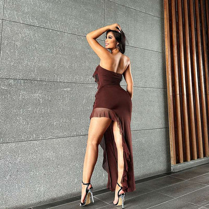 Bodycon Dress Tube Top Backless Split Tassel - Gorgeous Feather
