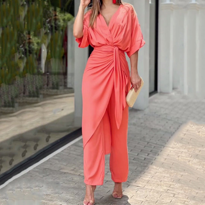 Tied V-neck Half Sleeve Leisure Suit