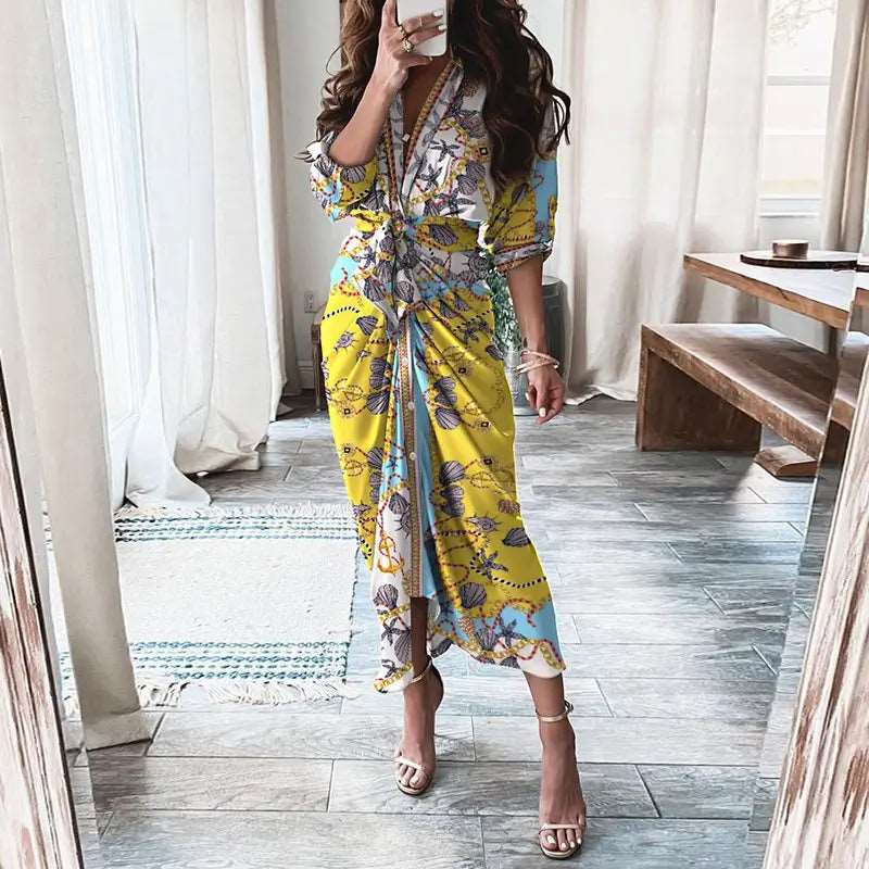 Long-Sleeved Lace-Up Casual Maxi Dress