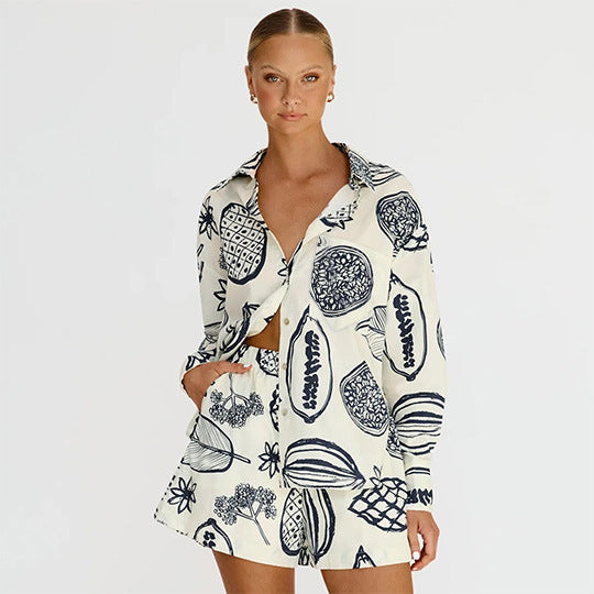 Casual Premium Fruit Printed Shorts Cardigan White