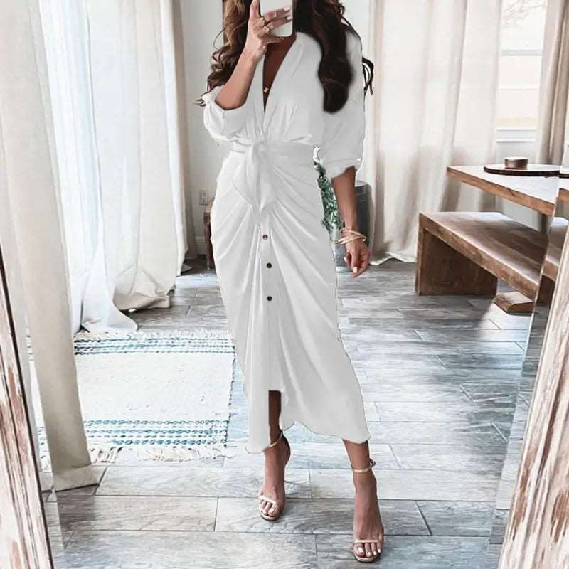 Long-Sleeved Lace-Up Casual Maxi Dress