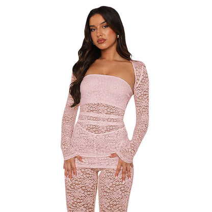 Fashionist Lace Tube Top with Bootcut Pant Three-Piece Pink Suit