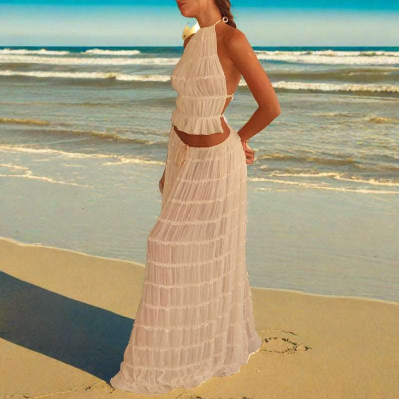 Maxi Dress | Halter Top Pleated Long Dress