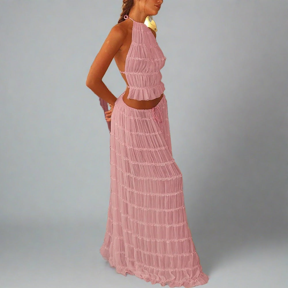 Maxi Dress | Halter Top Pleated Long Dress