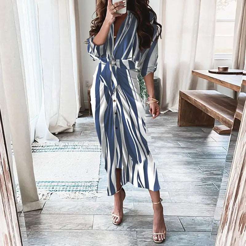 Long-Sleeved Lace-Up Casual Maxi Dress