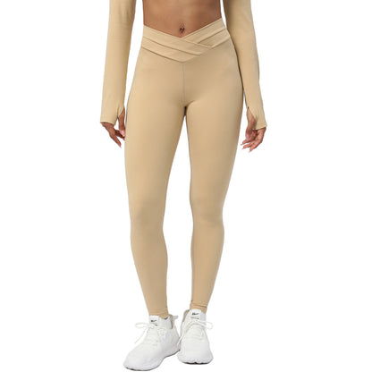 Cross Stitching Yoga Leggings - Light Brown