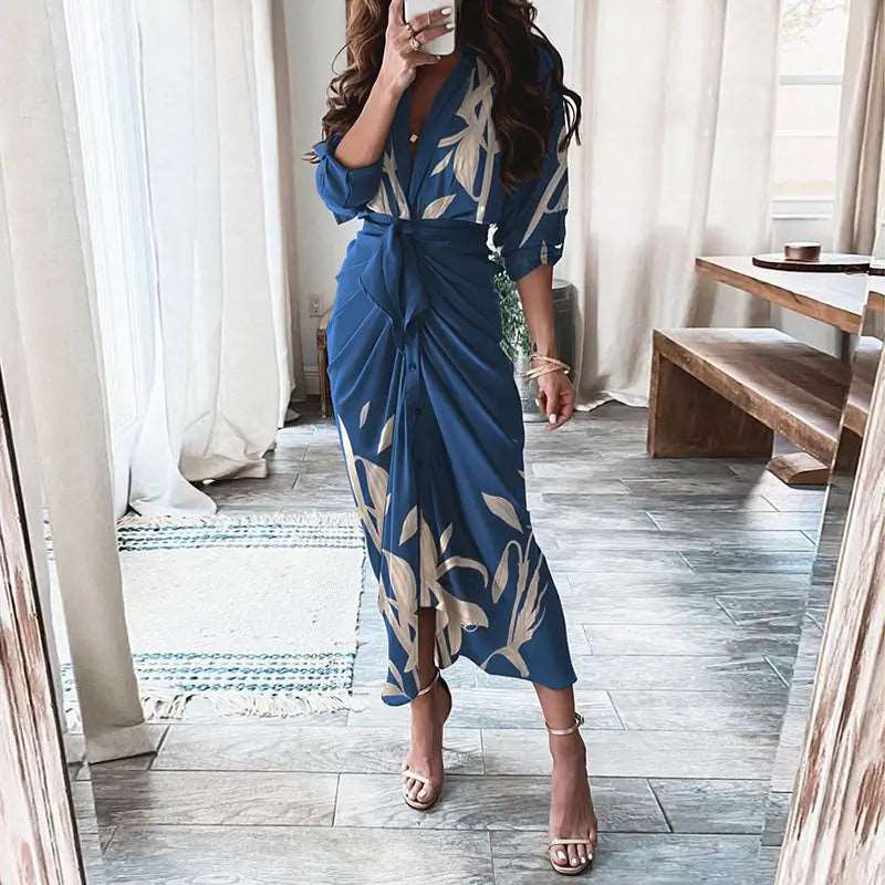 Long-Sleeved Lace-Up Casual Maxi Dress