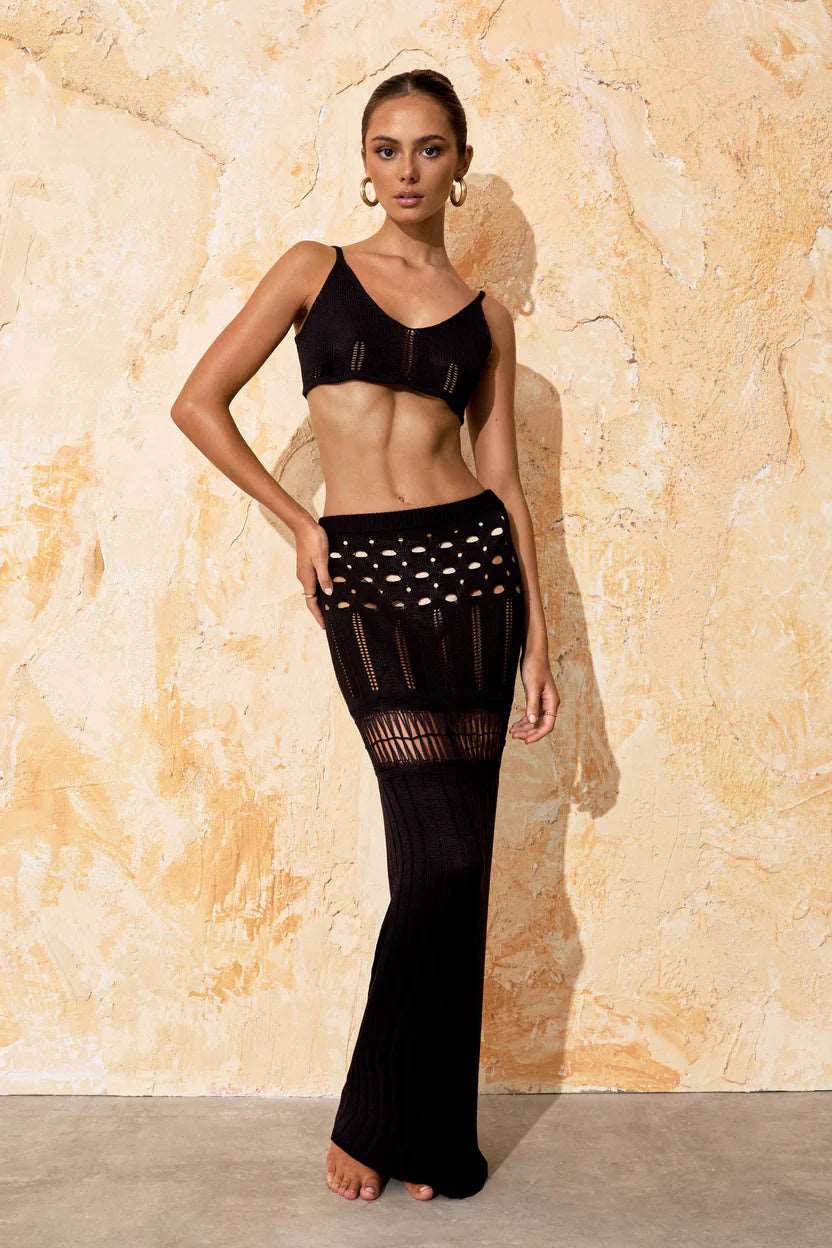 nitted Hollow Bikini Maxi-Skirt and Top