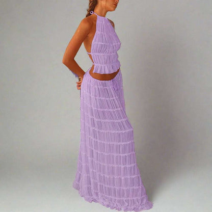 Maxi Dress | Halter Top Pleated Long Dress - Gorgeous Feather