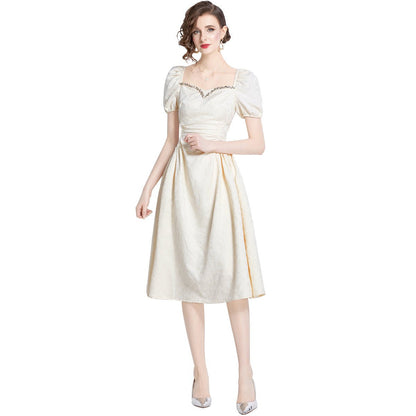 Midi Dress | White Puff Sleeve Square - Neck - Gorgeous Feather