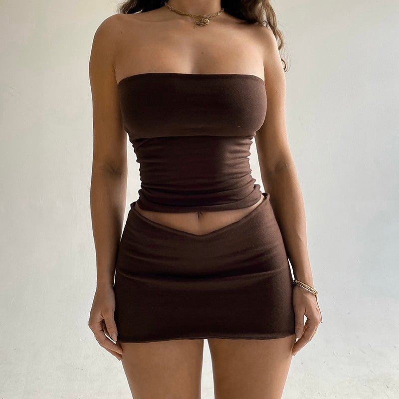 Mini Dress | Strapless Tube Top Two Pcs Set Brown - Gorgeous Feather