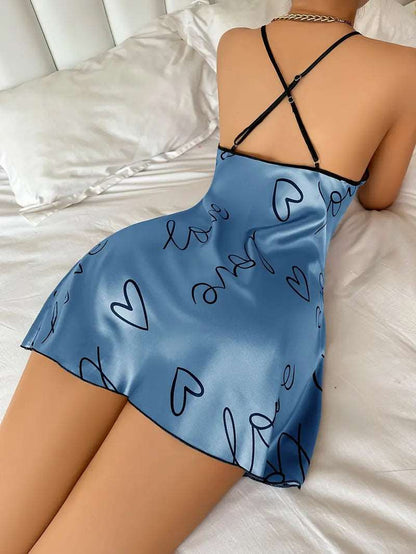 Pajama Set | Satin Slip Dress Night Dress Love Blue - Gorgeous Feather